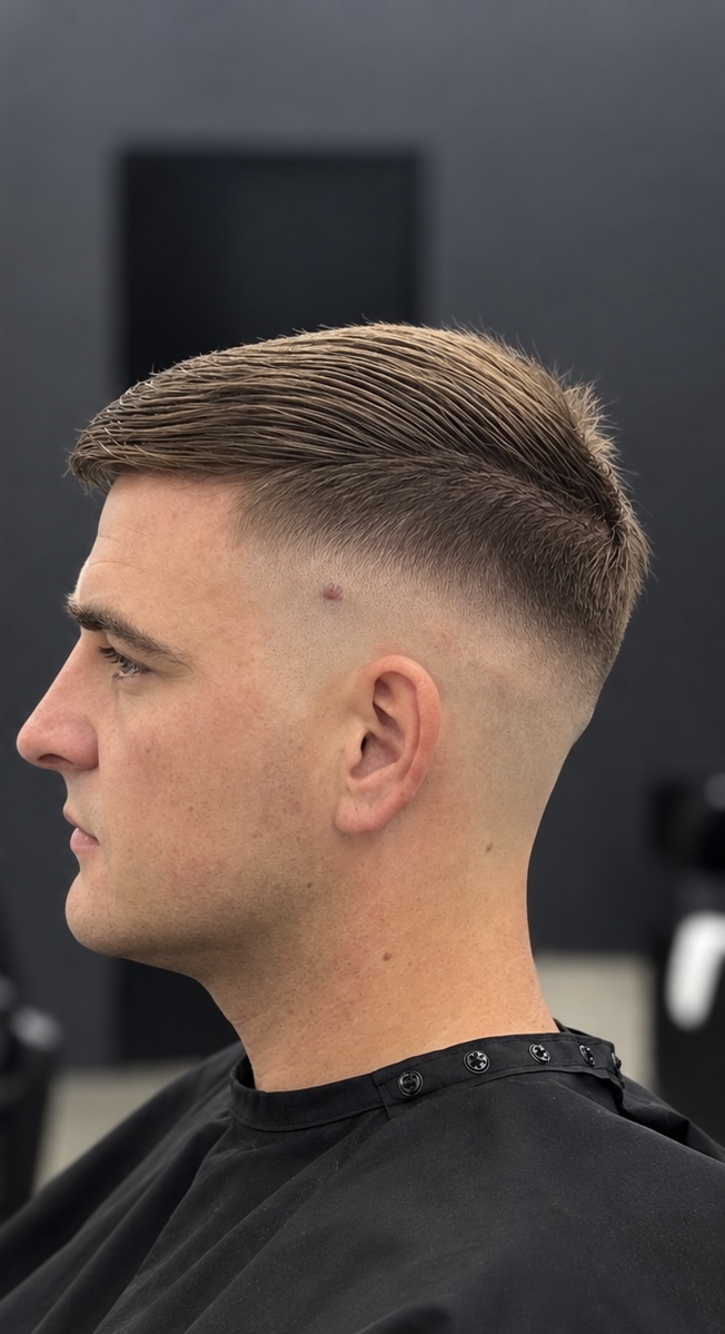 Zijprofiel van een klant met een skin fade en een getextureerde top
